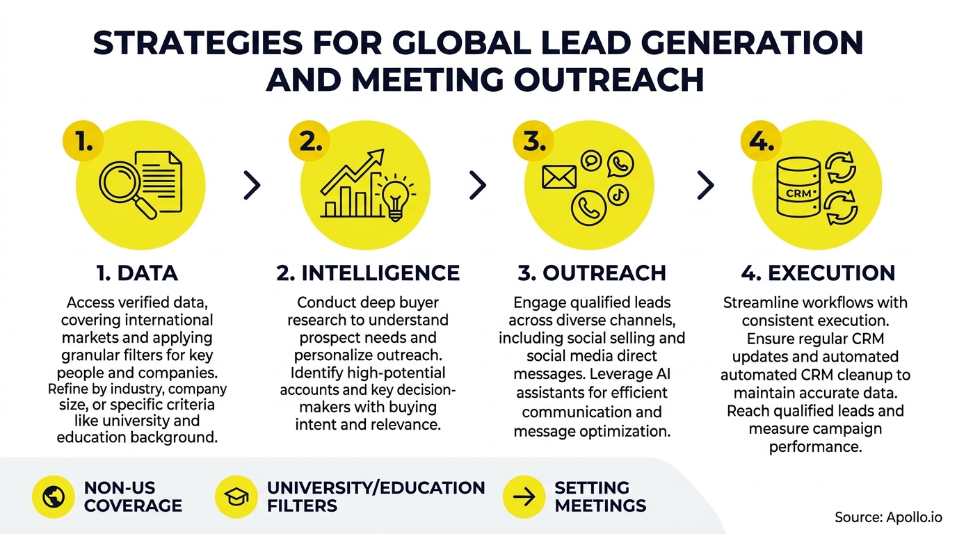 Four-step infographic detailing global lead generation strategies from verified data sourcing to outreach and execution.