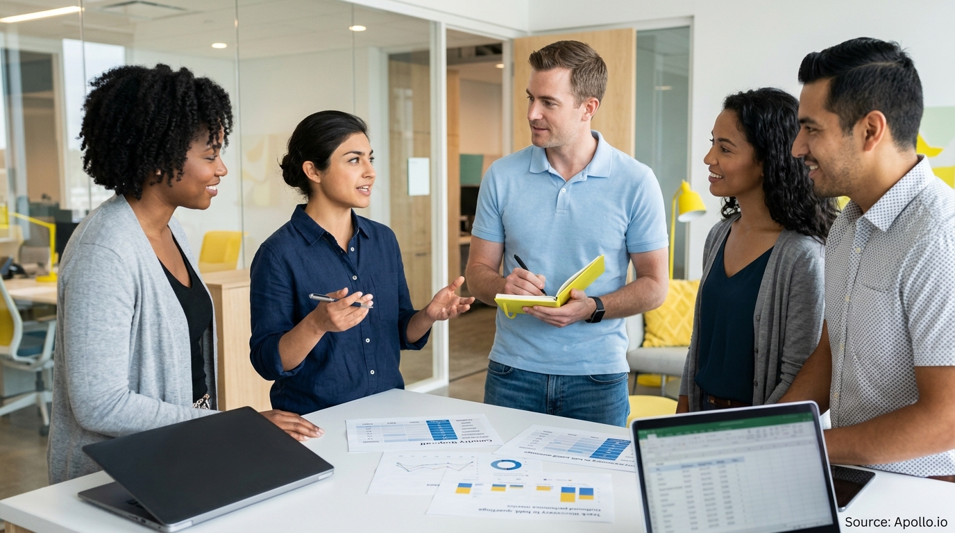 Five diverse colleagues discuss documents and take notes around a table in a modern office.
