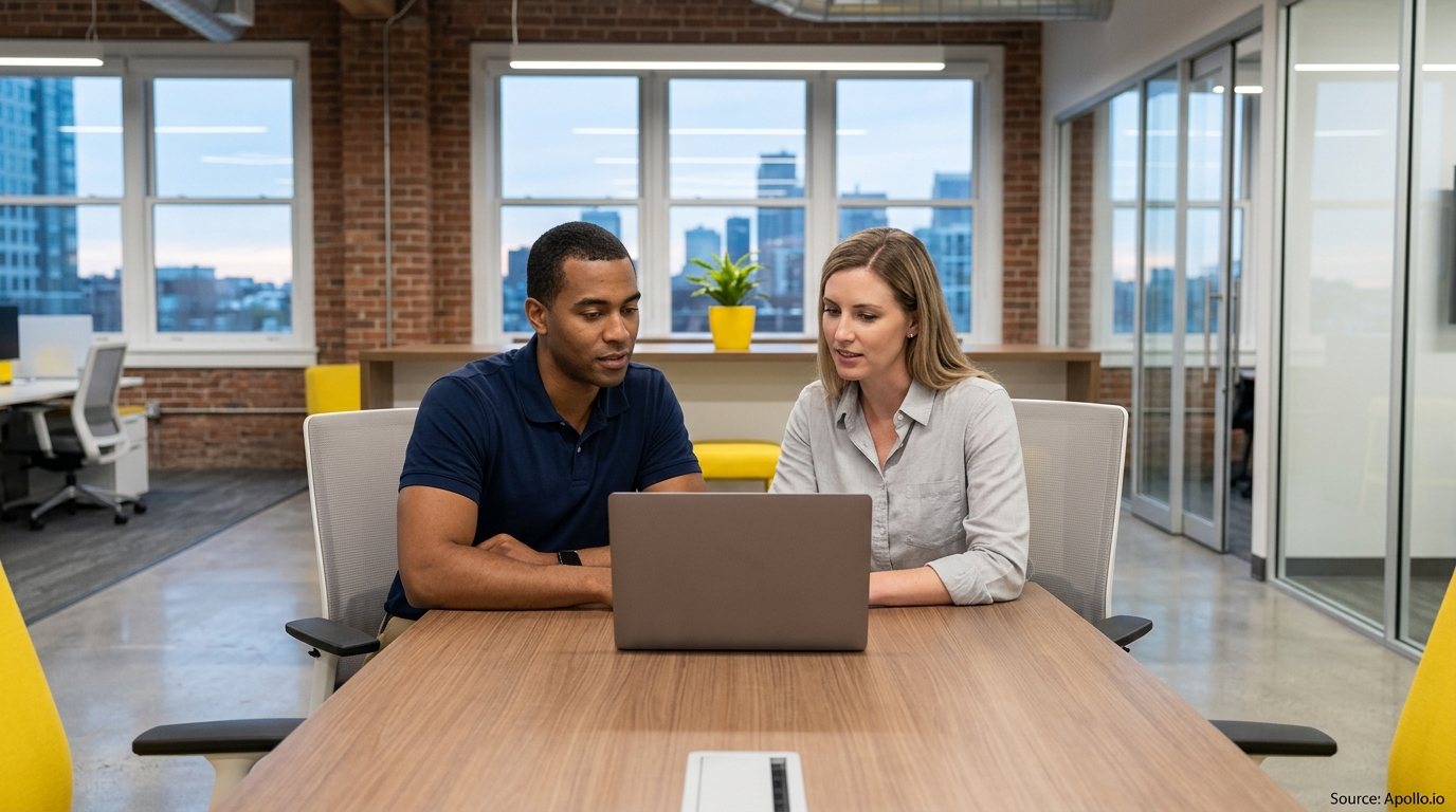 Two professionals review information on a laptop while sitting at a conference table in a modern office.