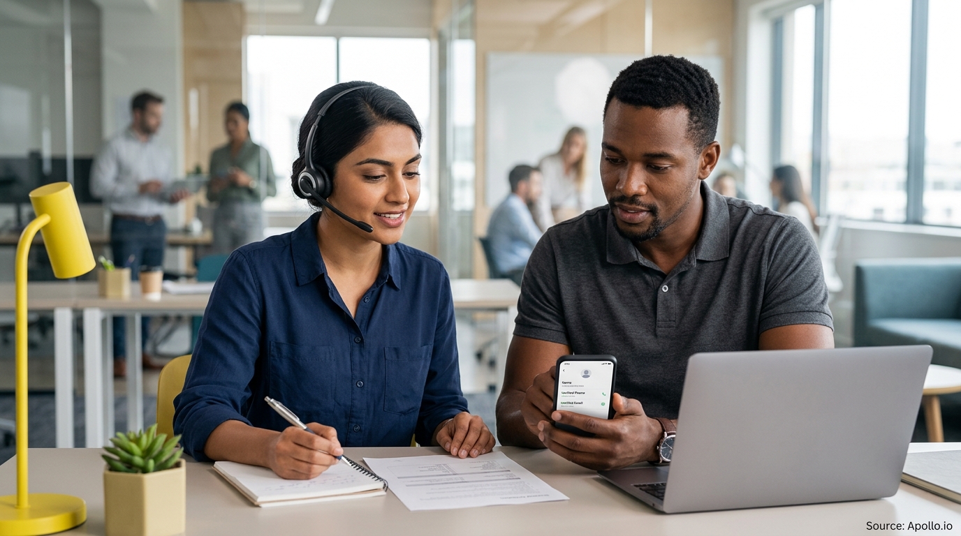 Two professionals in a modern office review verified contact information on a smartphone screen at a desk.