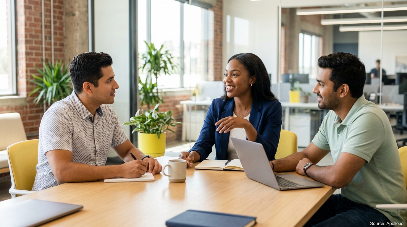 Three professionals collaborate around a laptop at a wooden table in a bright, modern office.