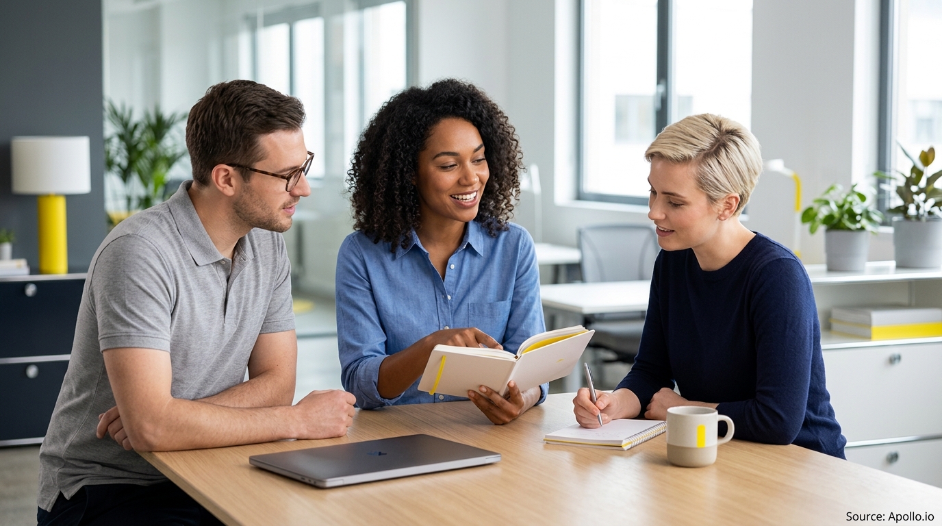 Three professionals collaborate at a wooden table in a modern office, reviewing notes in an open book.