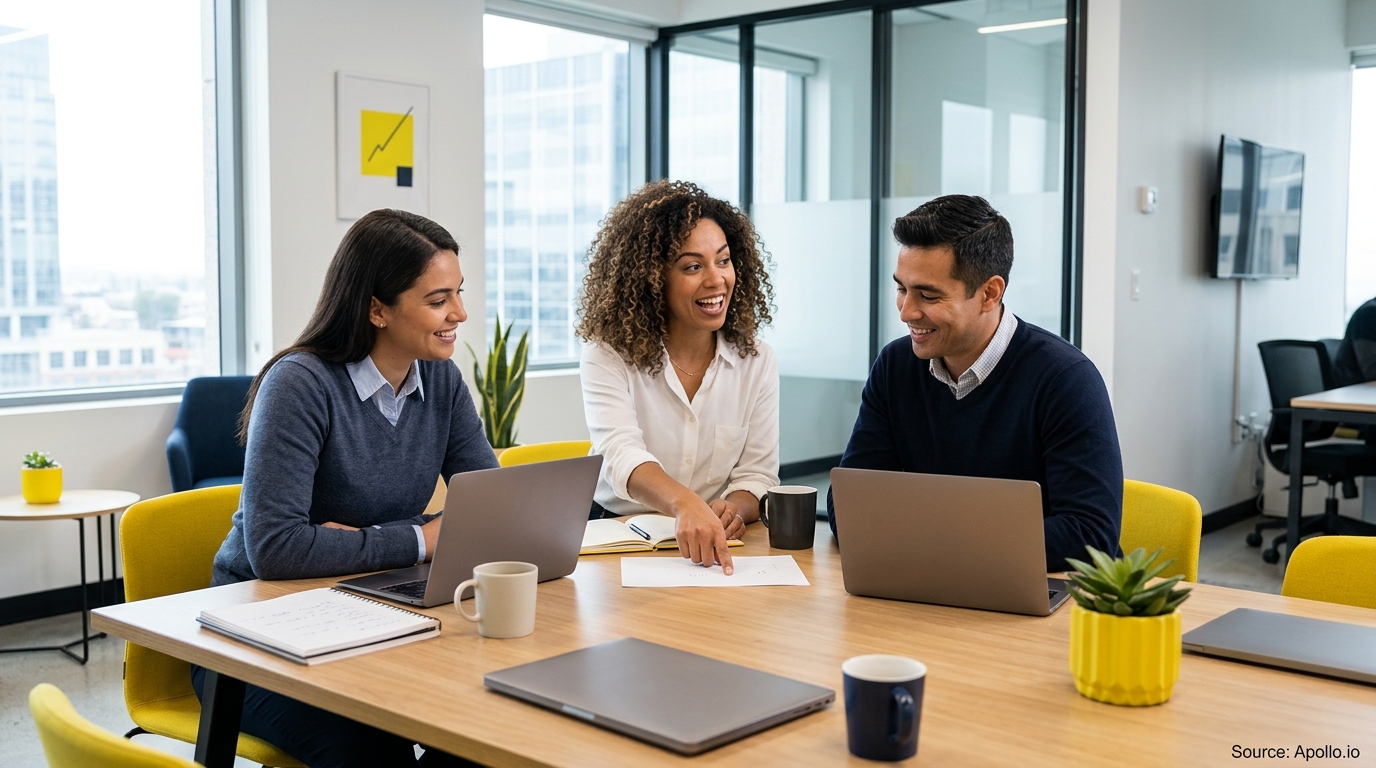 Three professionals collaborating around a table with laptops and a document in a bright, modern office.