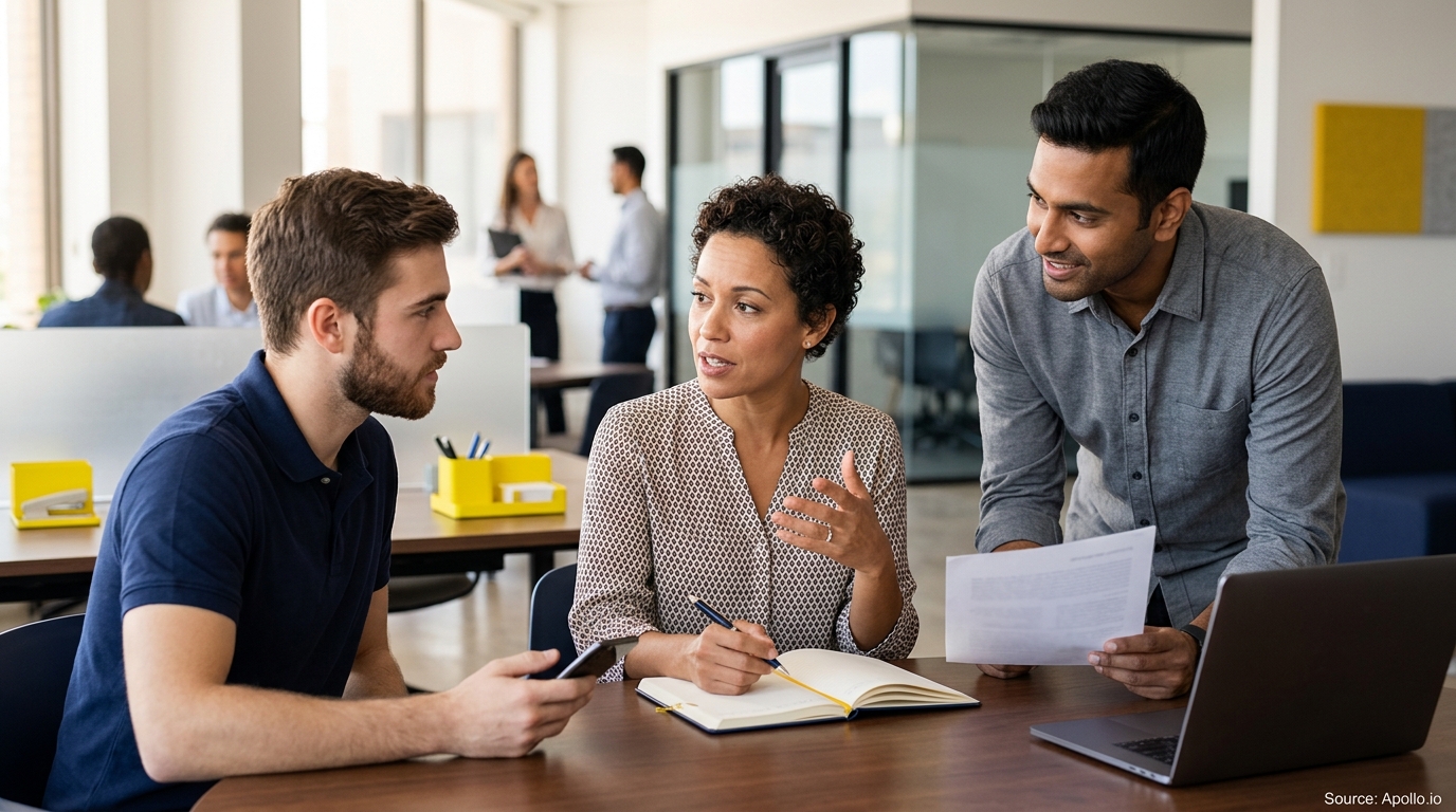 Three professionals collaborate at a desk, discussing documents and taking notes in a bright, modern office workspace.