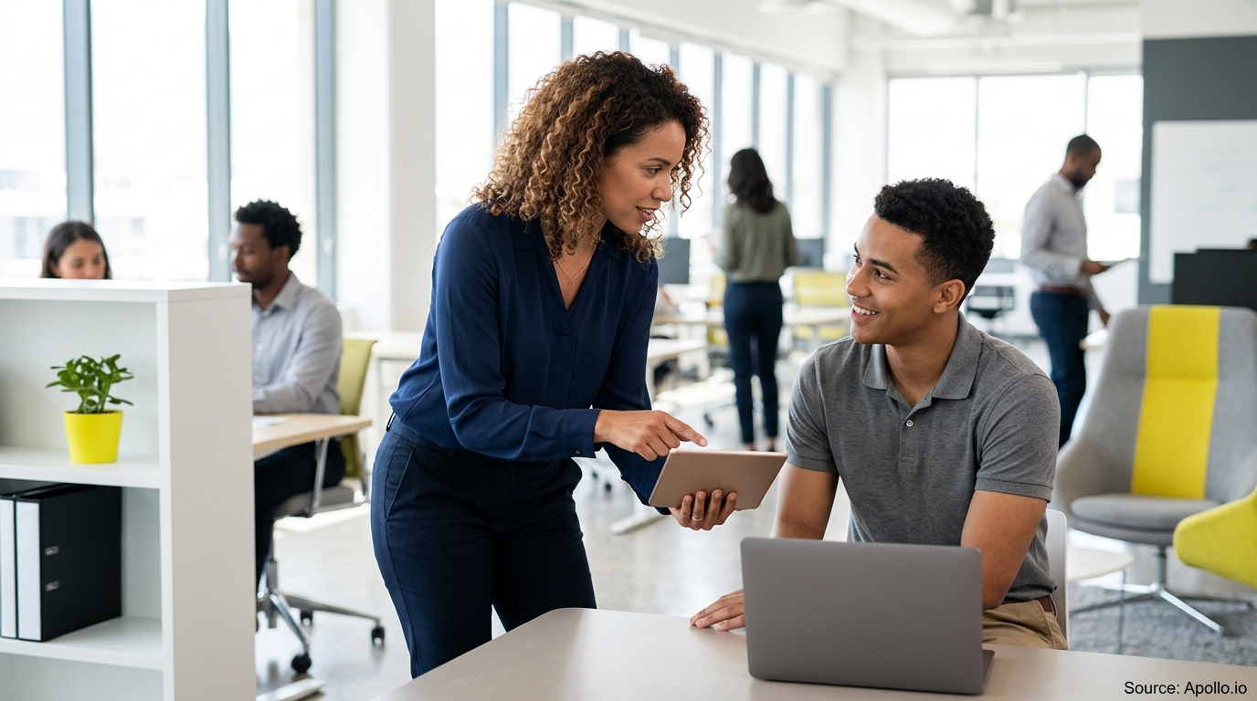 Two professionals review data on a tablet while colleagues work in a bright, modern open-plan office.