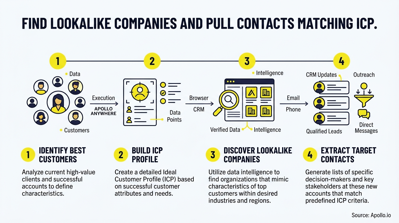 A four-step infographic outlines identifying best customers, building target profiles, searching lookalike companies, and extracting contact information.