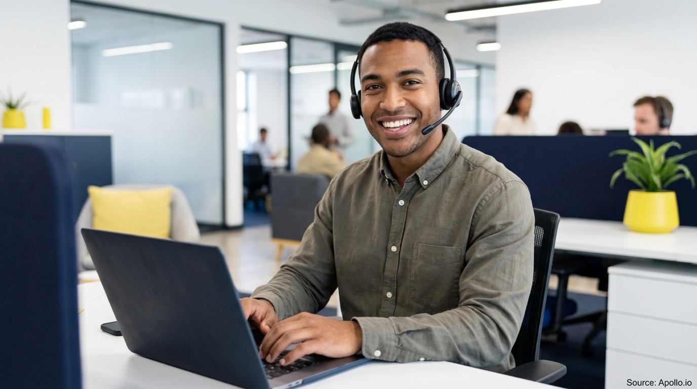 A professional wearing a headset smiles while typing on a laptop in a modern open-plan office.