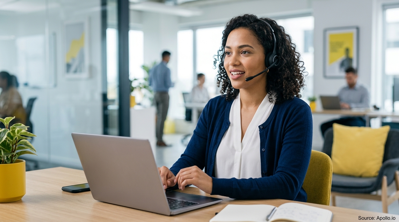 A professional woman wearing a headset works on a laptop in a modern office with colleagues in the background.