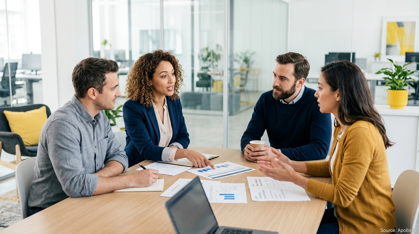 Four professionals review and discuss data charts at a wooden table in a bright, modern office setting.