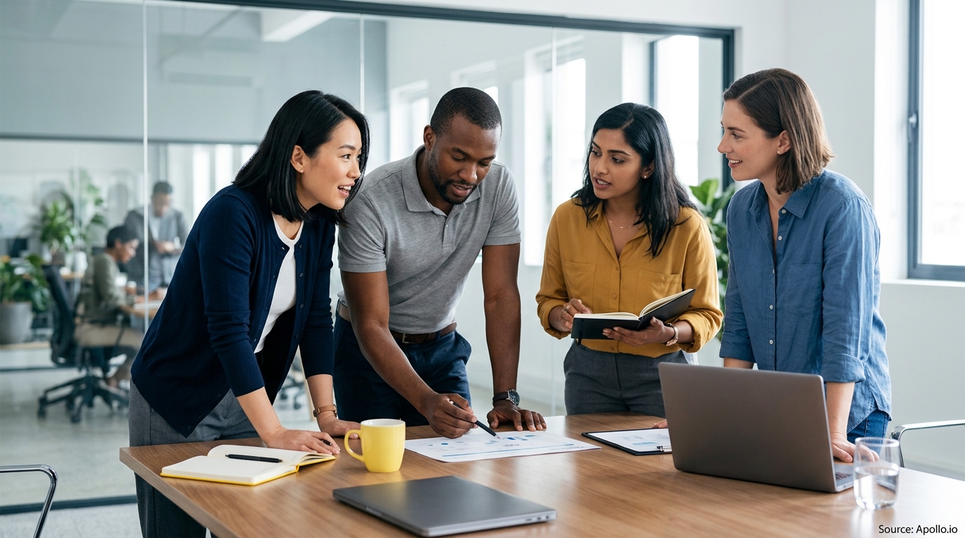 Four professionals review data charts and collaborate around a wooden table in a bright, modern office.