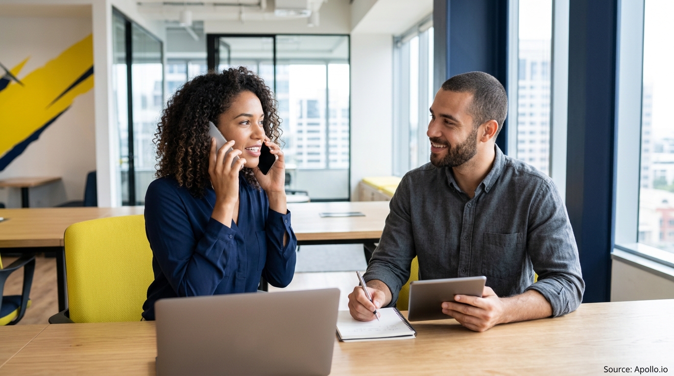 Two professionals in an office; a woman talks on two phones while a man holds a tablet and notebook.