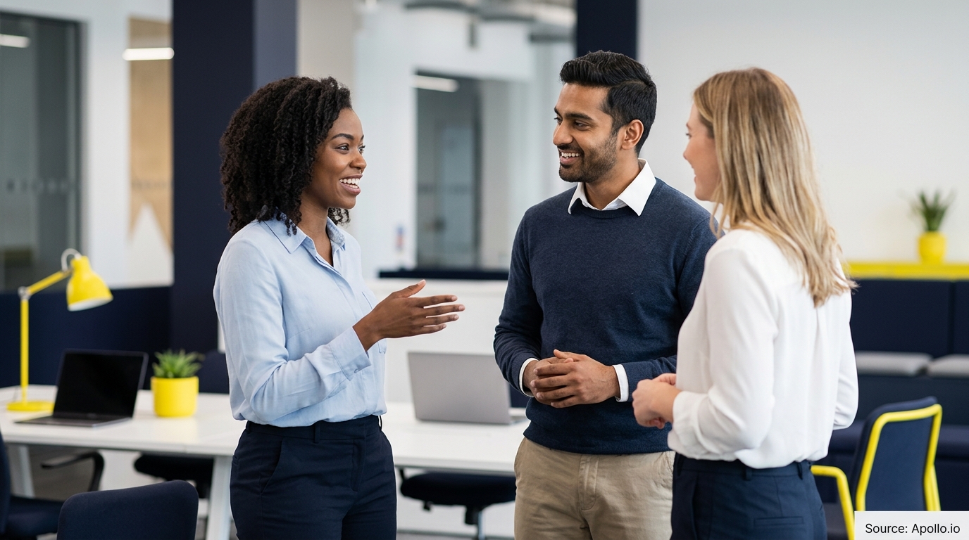 Three diverse professionals talk and smile while standing in a bright, modern open-plan office.