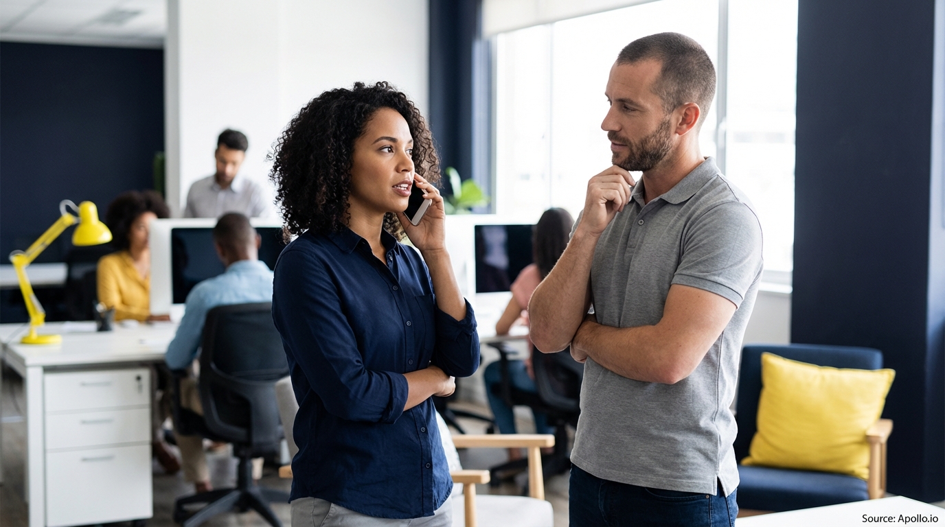 Woman talks on phone as man listens in a busy modern office.