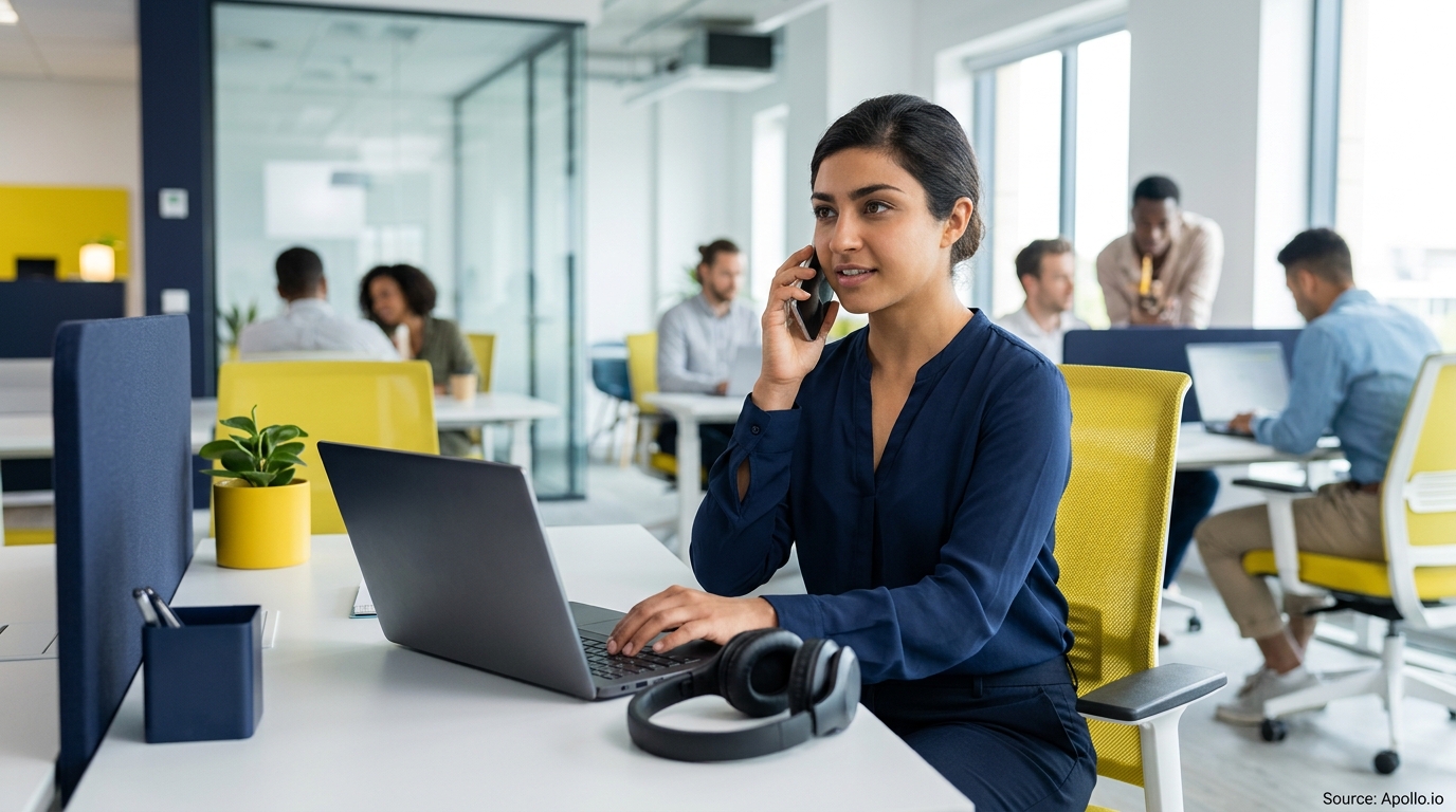 A woman talks on a phone while working at a laptop in a modern office with five colleagues.