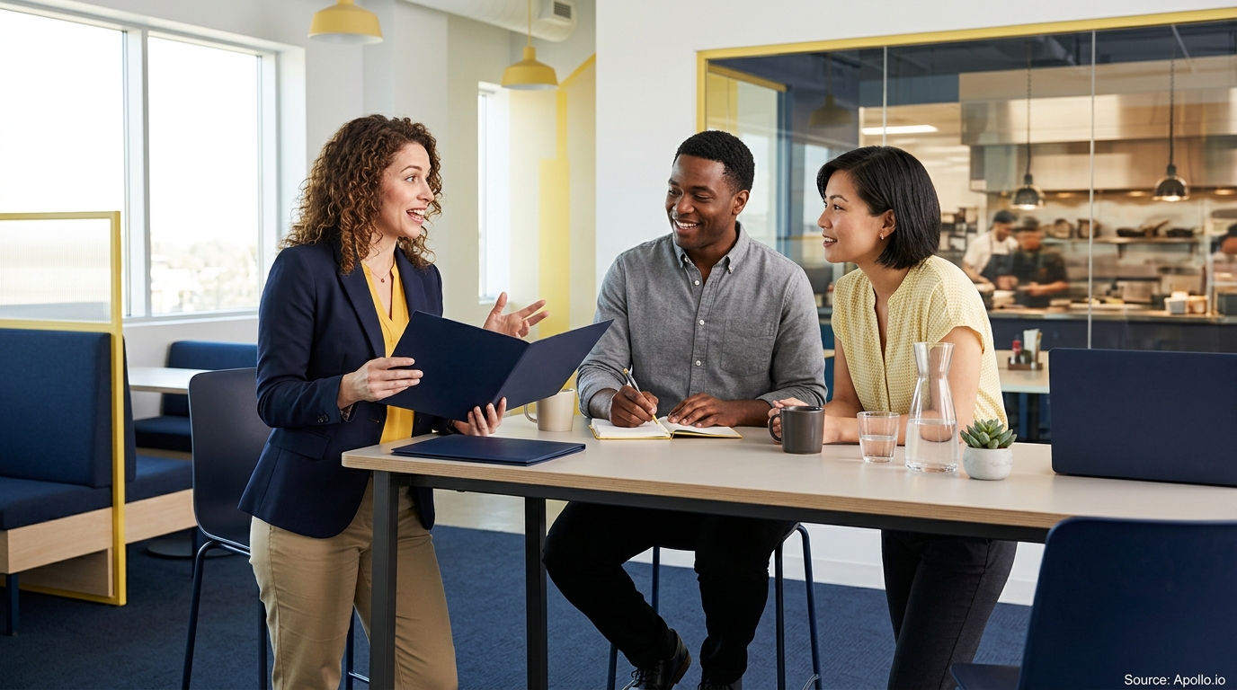 A woman presents a folder to two colleagues at a table overlooking a commercial restaurant kitchen.