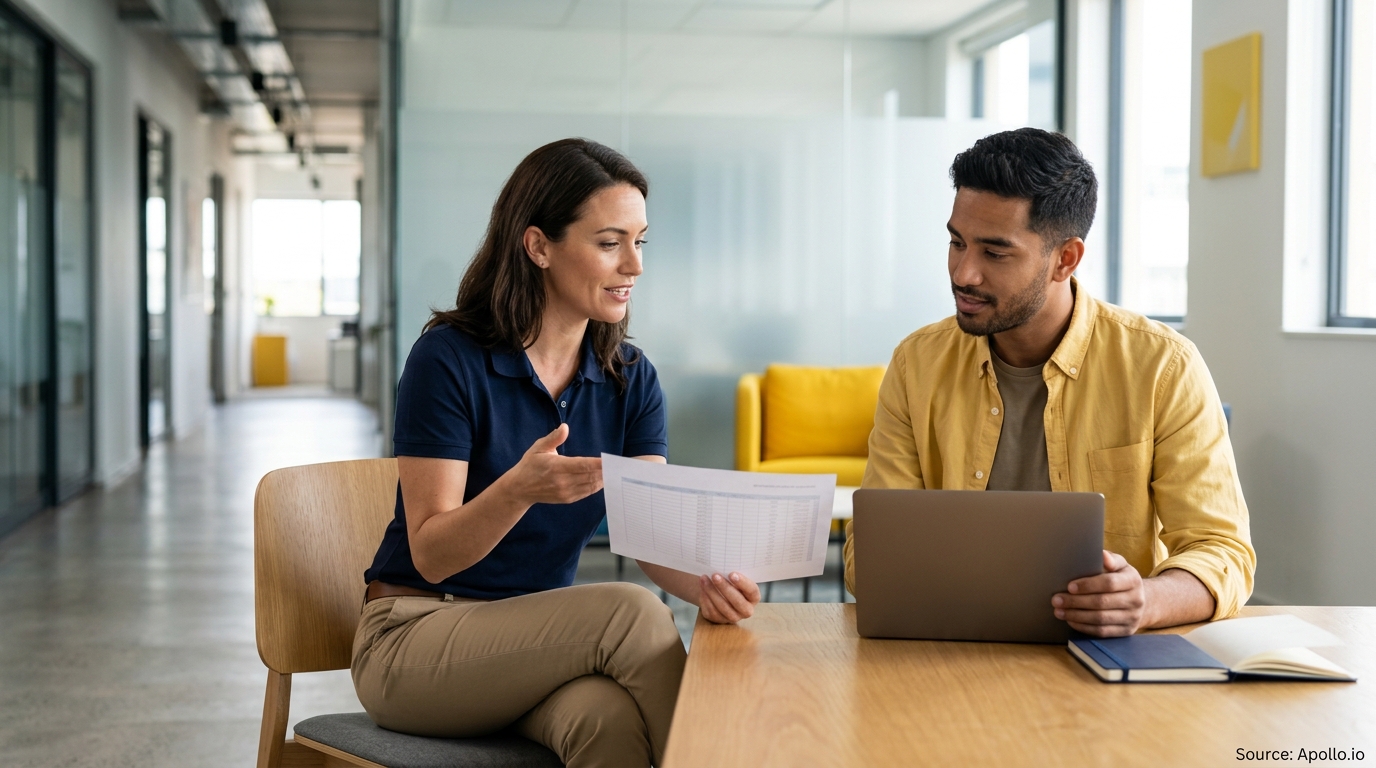 Two professionals review a paper document and laptop together at a table in a bright, modern office.