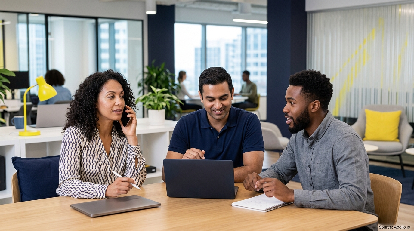 Three professionals collaborate around a wooden table with laptops in a bright, modern office space.