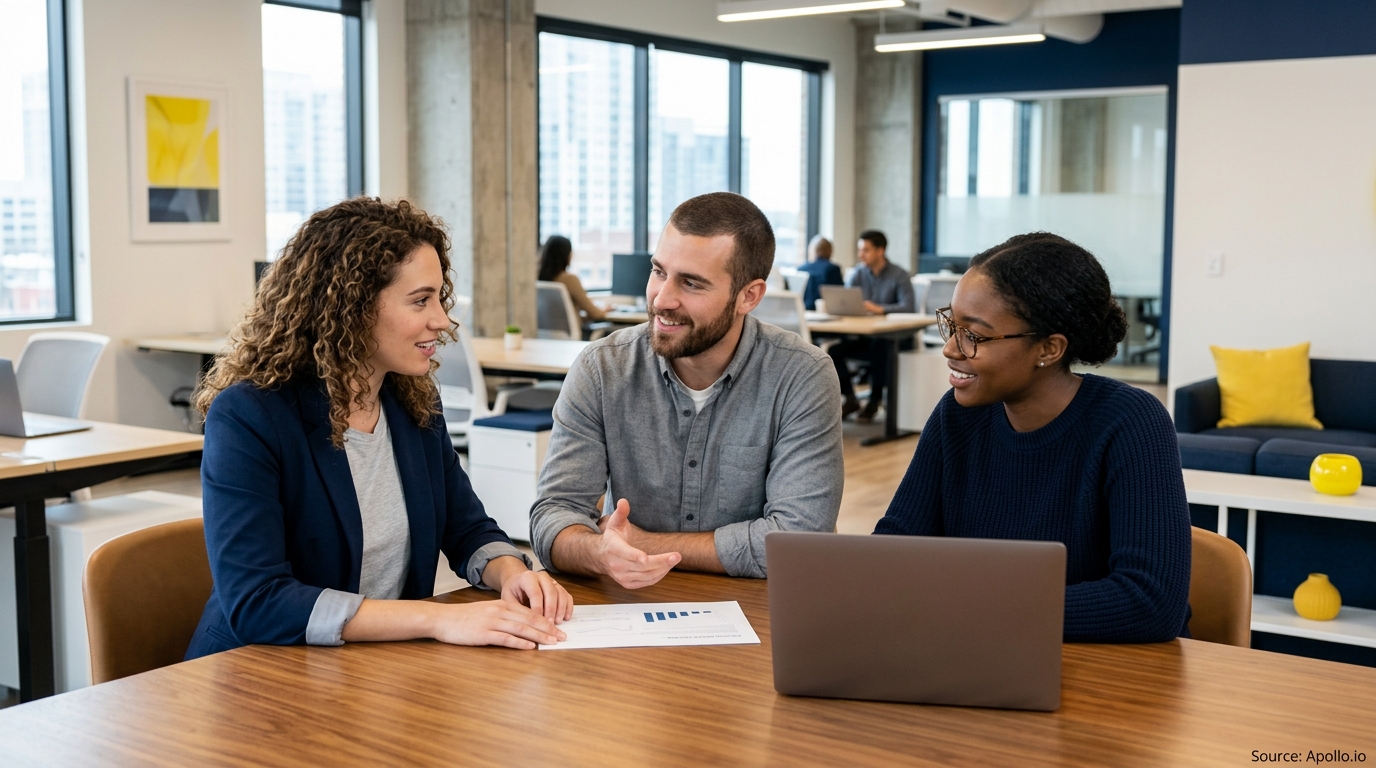 Three professionals collaborate at a wooden table in a modern office while reviewing documents and a laptop.