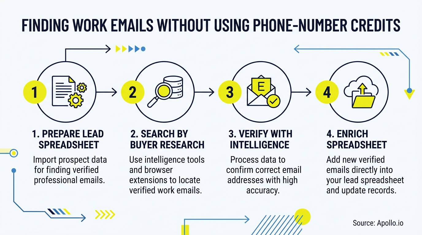 Four-step infographic illustrating the process of preparing, searching, verifying, and enriching lead spreadsheets with professional email addresses.
