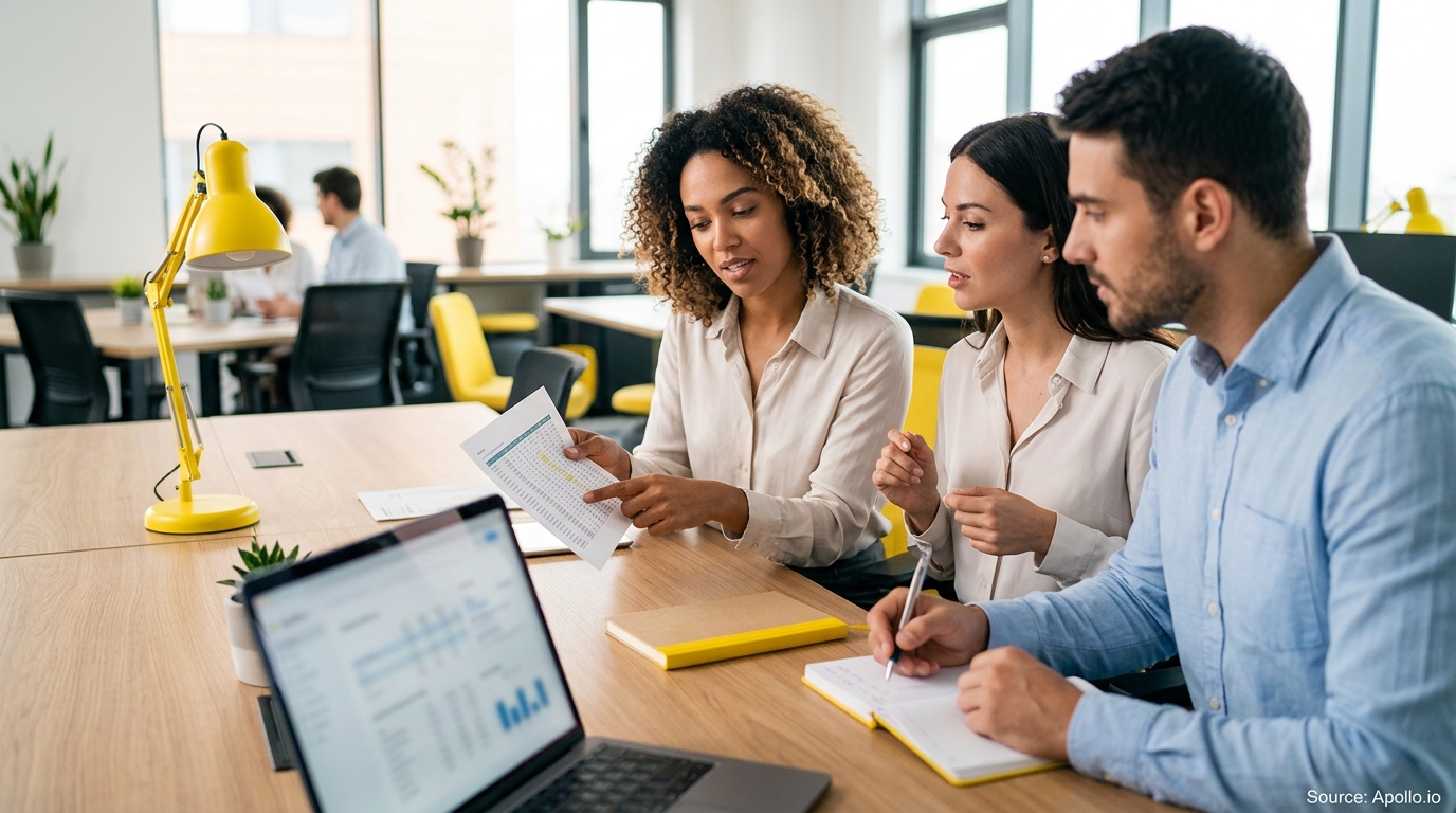 Three colleagues review a printed spreadsheet and take notes at a table in a bright, modern office.