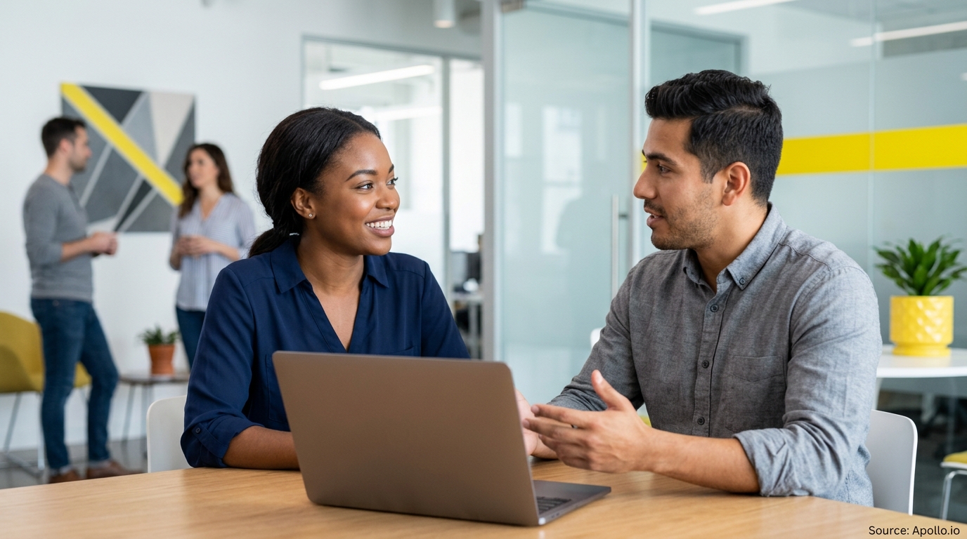 Two professionals collaborate at a laptop while two colleagues talk in a bright, modern office.