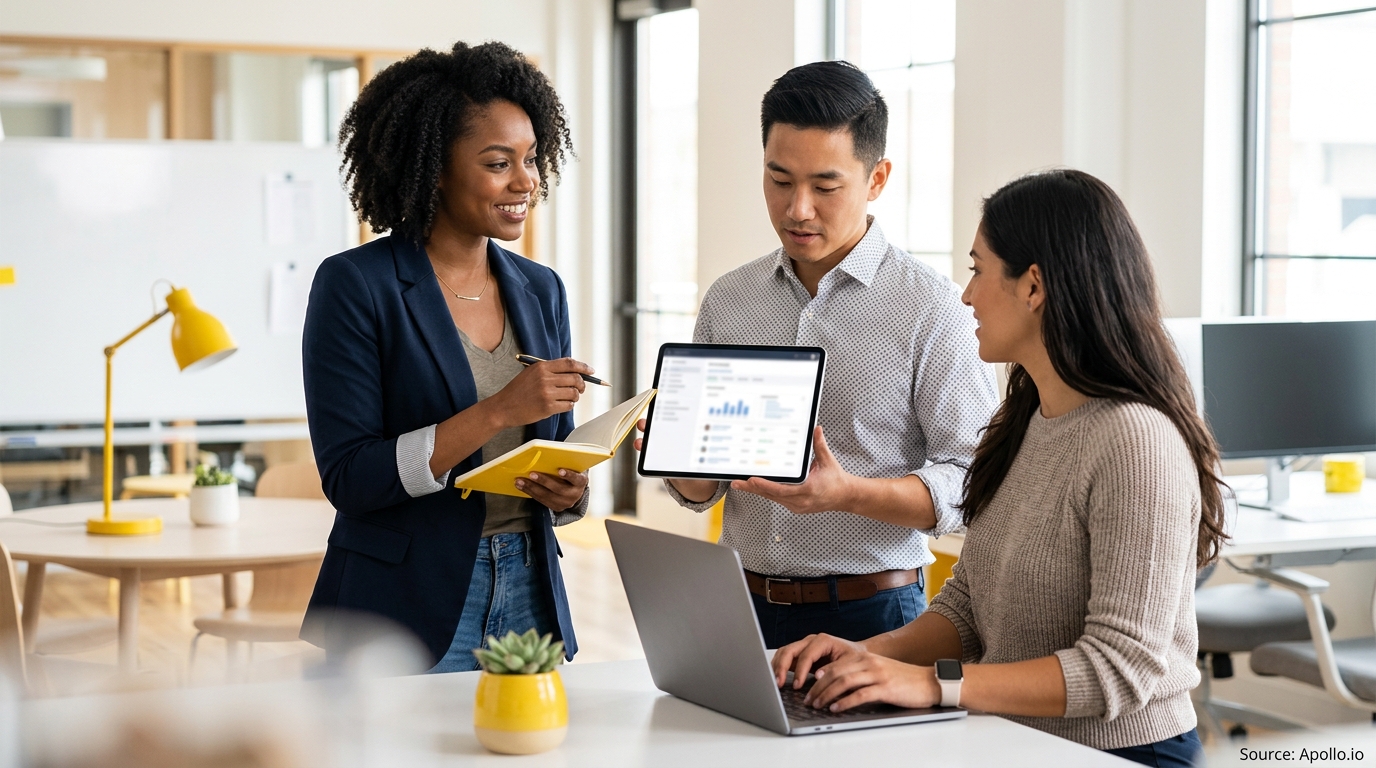 Three colleagues collaborate in a modern office, reviewing data on a tablet and laptop together.