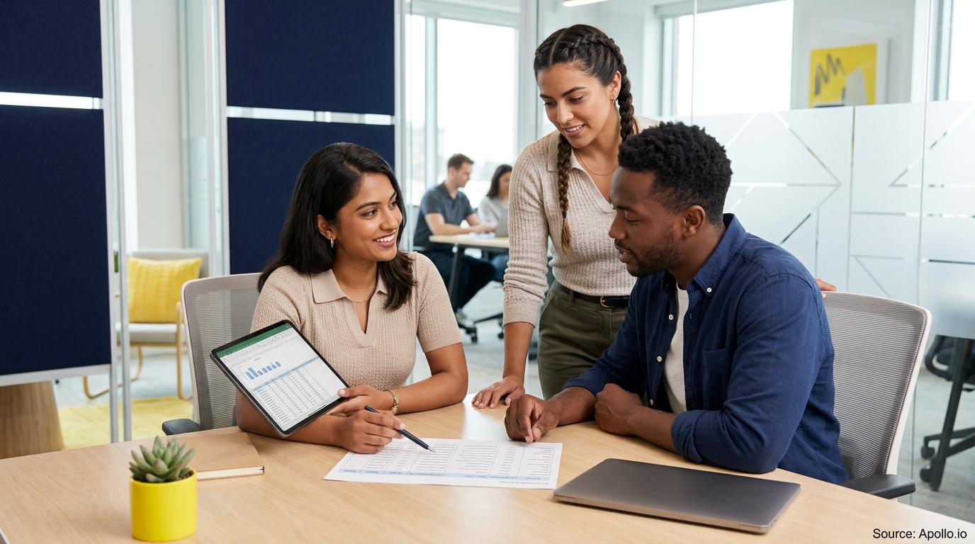 Three professionals review data and spreadsheets on a tablet and printed document at a modern office table.