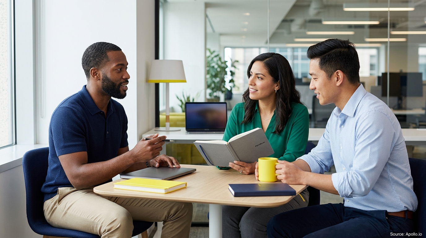 Three professionals sit around a table in a bright, modern office, discussing notes during a meeting.