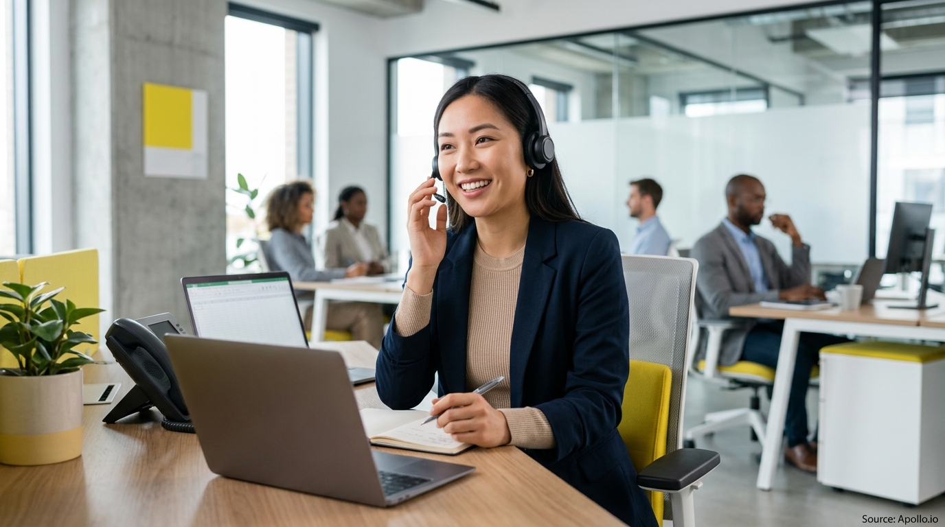 A smiling woman wearing a headset takes notes at her desk in a modern office with four colleagues.