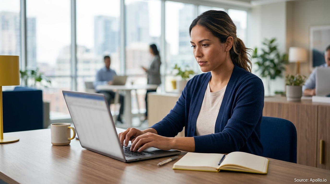 A woman types on a laptop at a desk in a modern office with colleagues in the background.