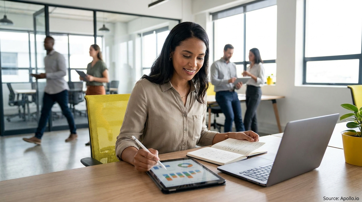 Woman uses tablet and laptop in a modern office with colleagues working and collaborating.