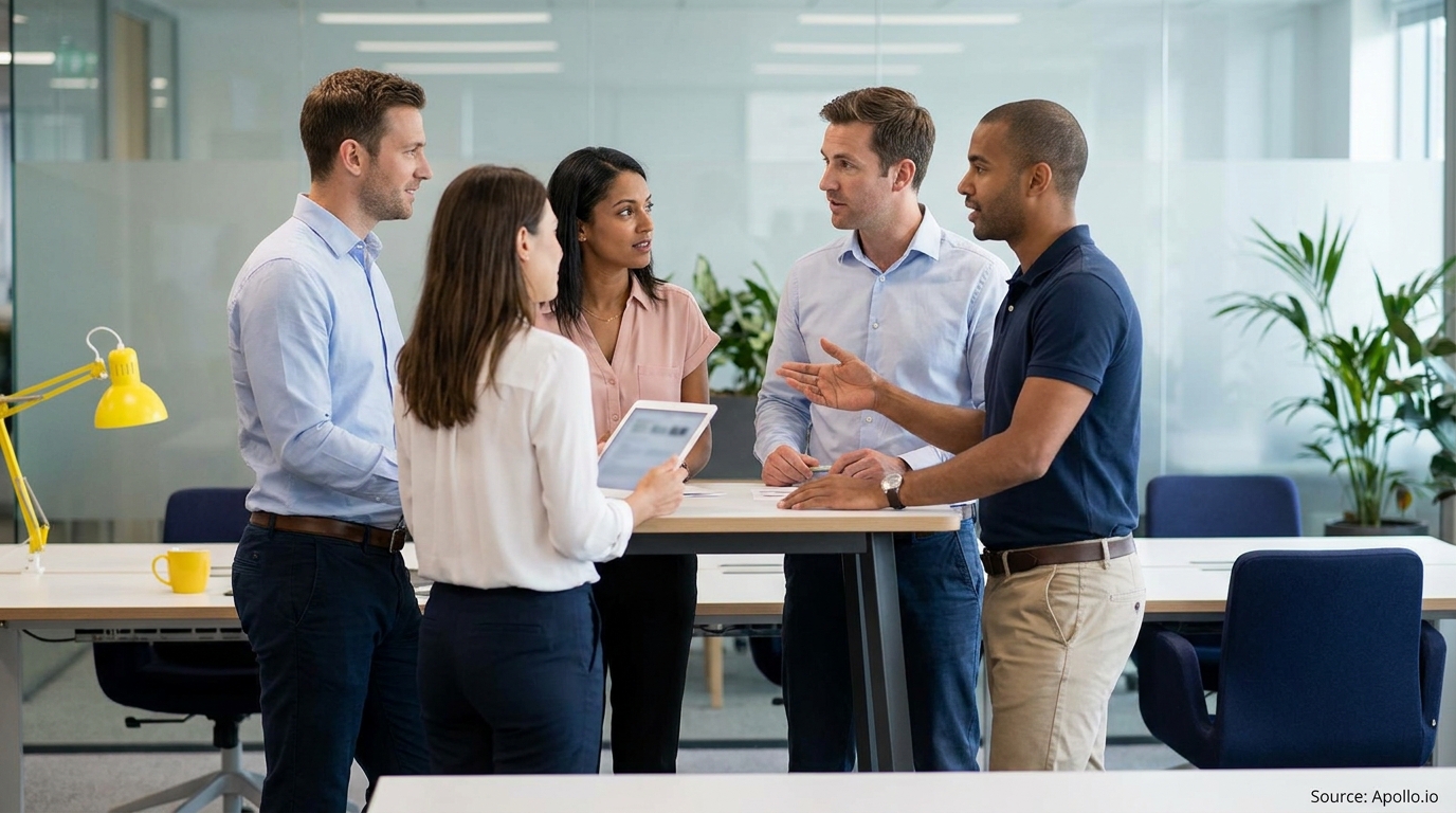 Five diverse business professionals stand, discuss, and look at a tablet around a table in a modern office.