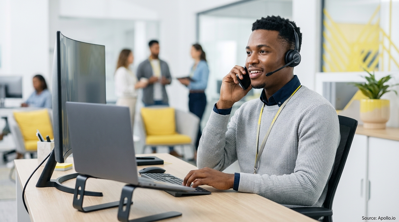 A man wearing a headset talks on a phone while four colleagues work in a modern office.