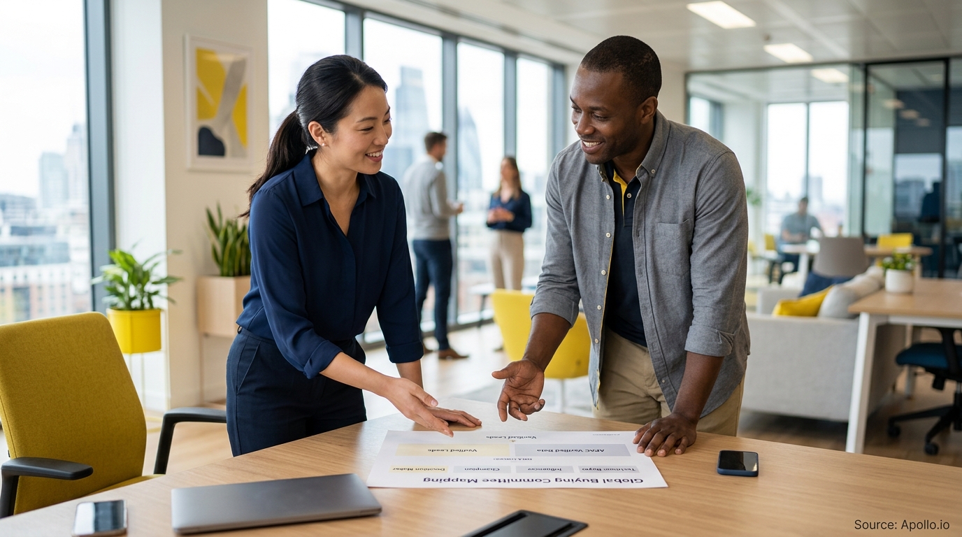 Two professionals review a global mapping document on a wooden table in a bright, modern office.