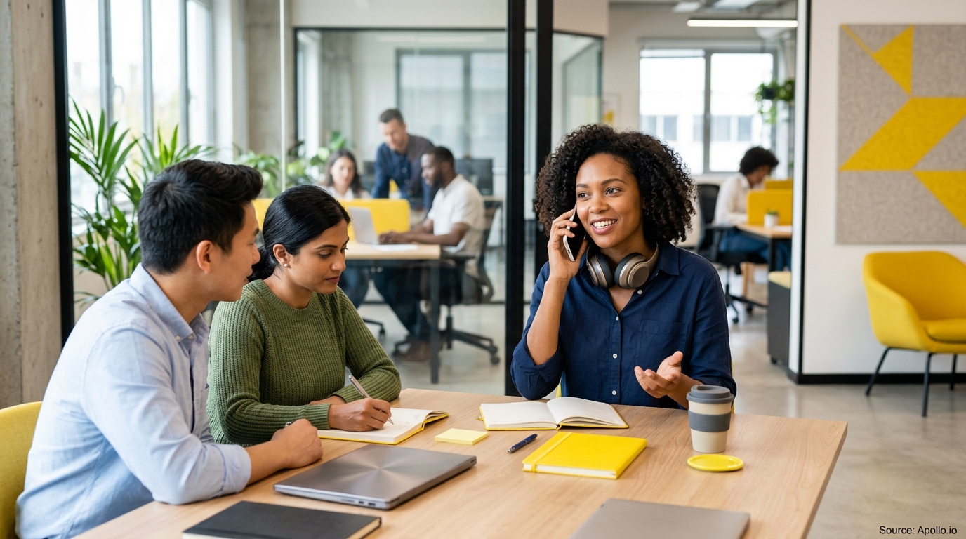 Three professionals collaborate at a table in a bright, modern office with other colleagues working in the background.