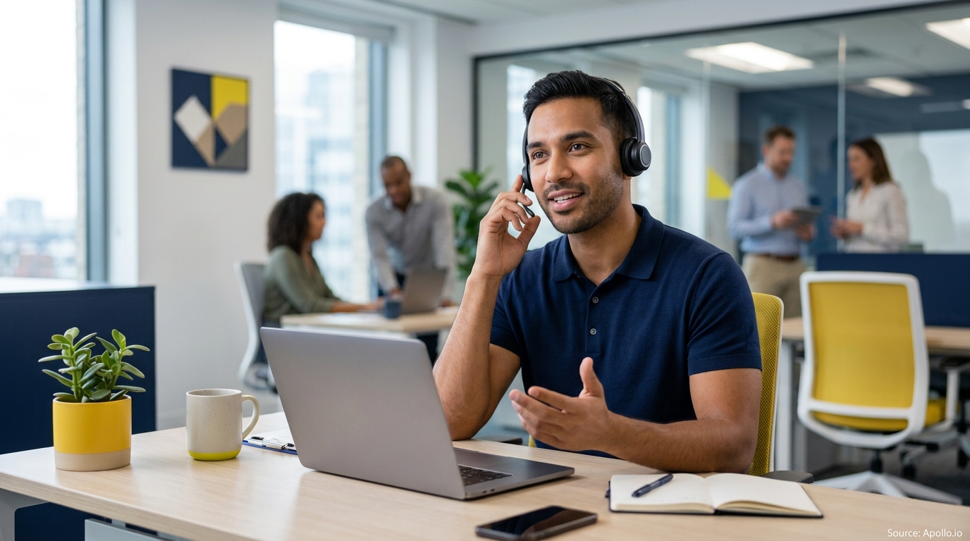 A man in a headset talks at his laptop with four colleagues working in a modern office.
