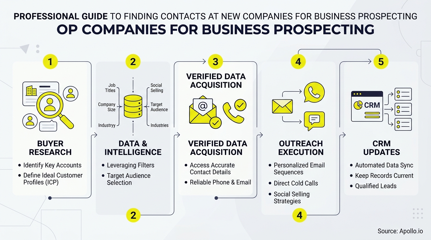 A five-step yellow infographic outlines the business prospecting process from buyer research to outreach and CRM updates.