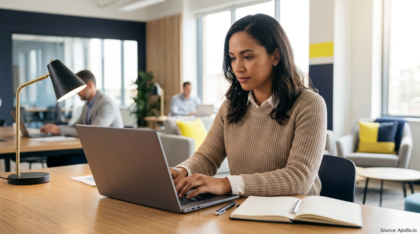 A woman works on a laptop at a desk in a modern office with two colleagues nearby.