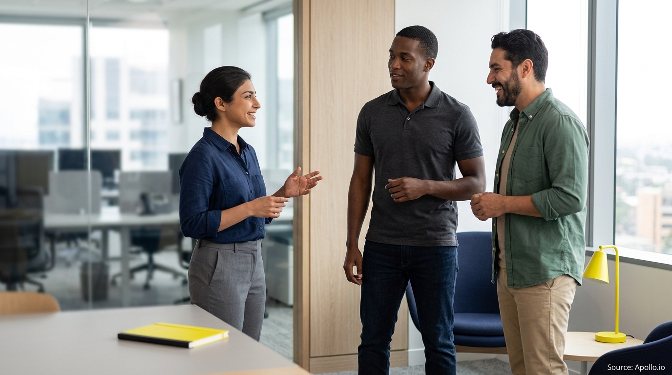 Three professionals stand and converse in a bright, modern office environment.