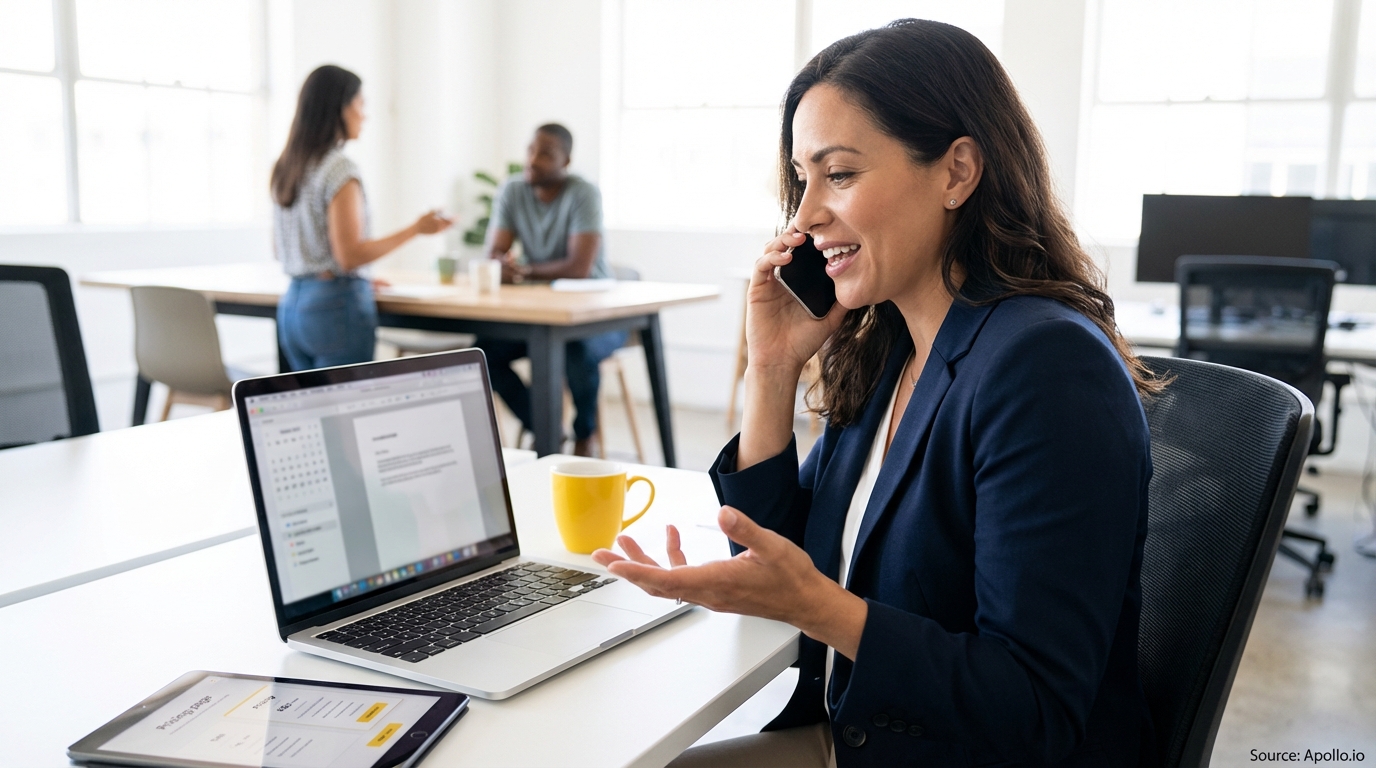 Smiling businesswoman talks on phone at desk with laptop and tablet, two colleagues nearby.