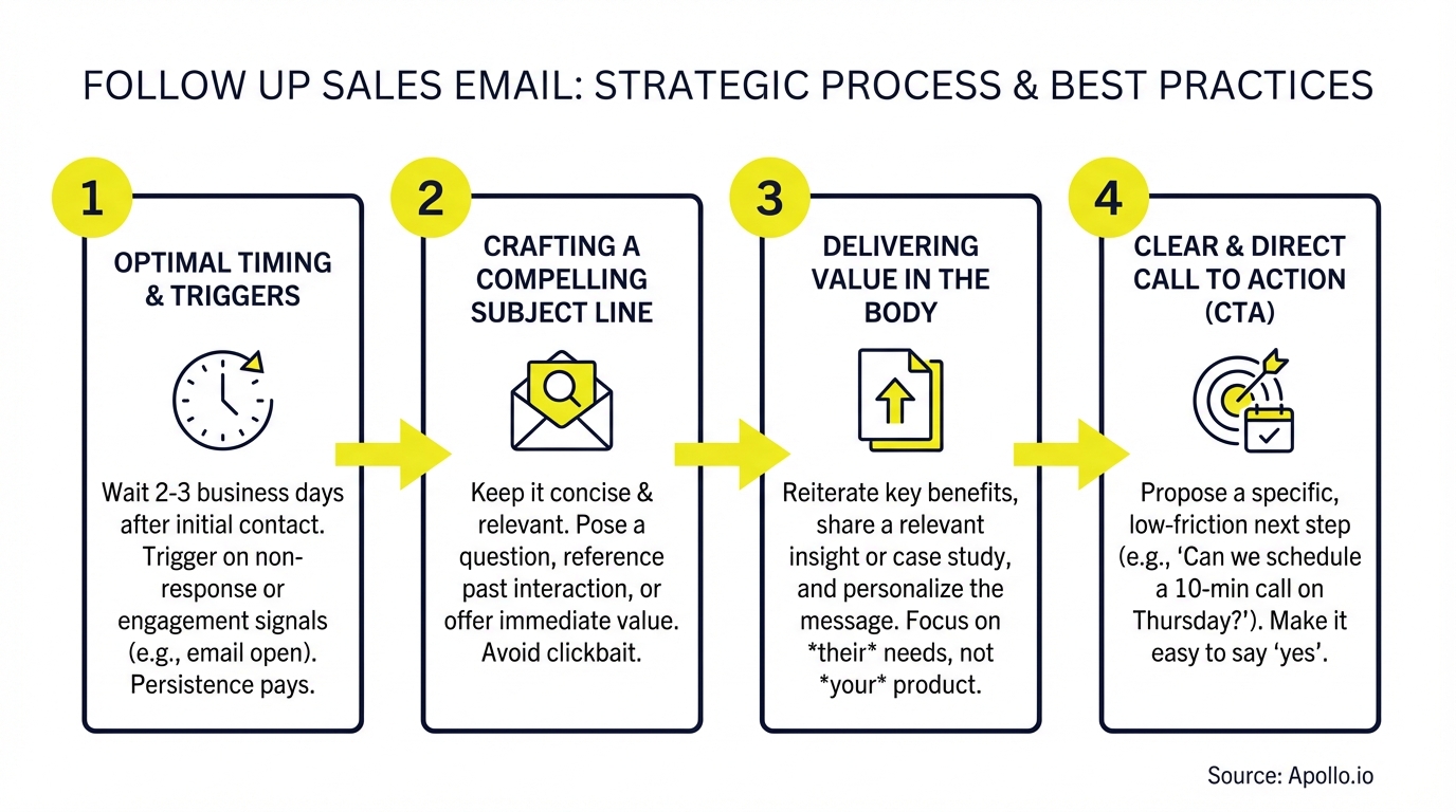 A diagram illustrating a four-step strategic process for follow-up sales emails.