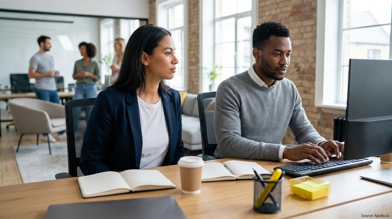 Two diverse colleagues work at desks in a modern office with others chatting behind them.