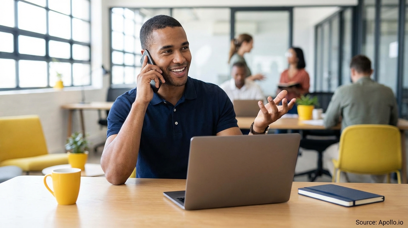 Smiling man on phone call, gesturing at laptop in a modern, open-plan office with colleagues.