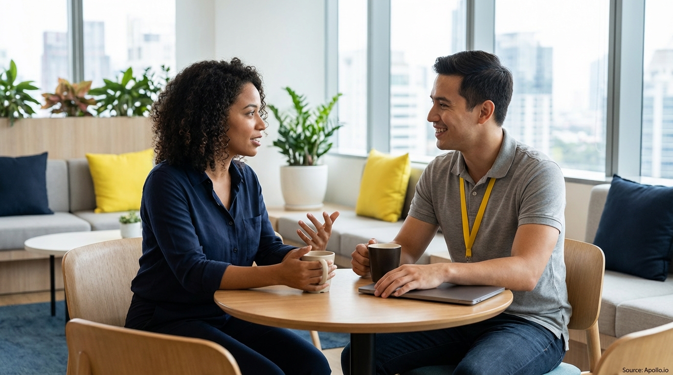 Two people talk over coffee and a laptop at a table in a modern office lounge.