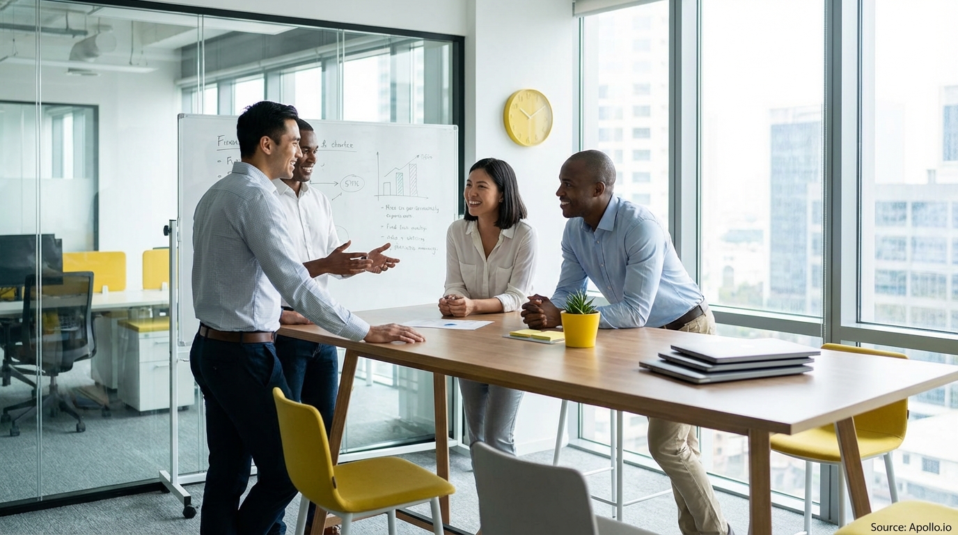 Sales team collaborating in a modern open-plan office in a sales team meeting