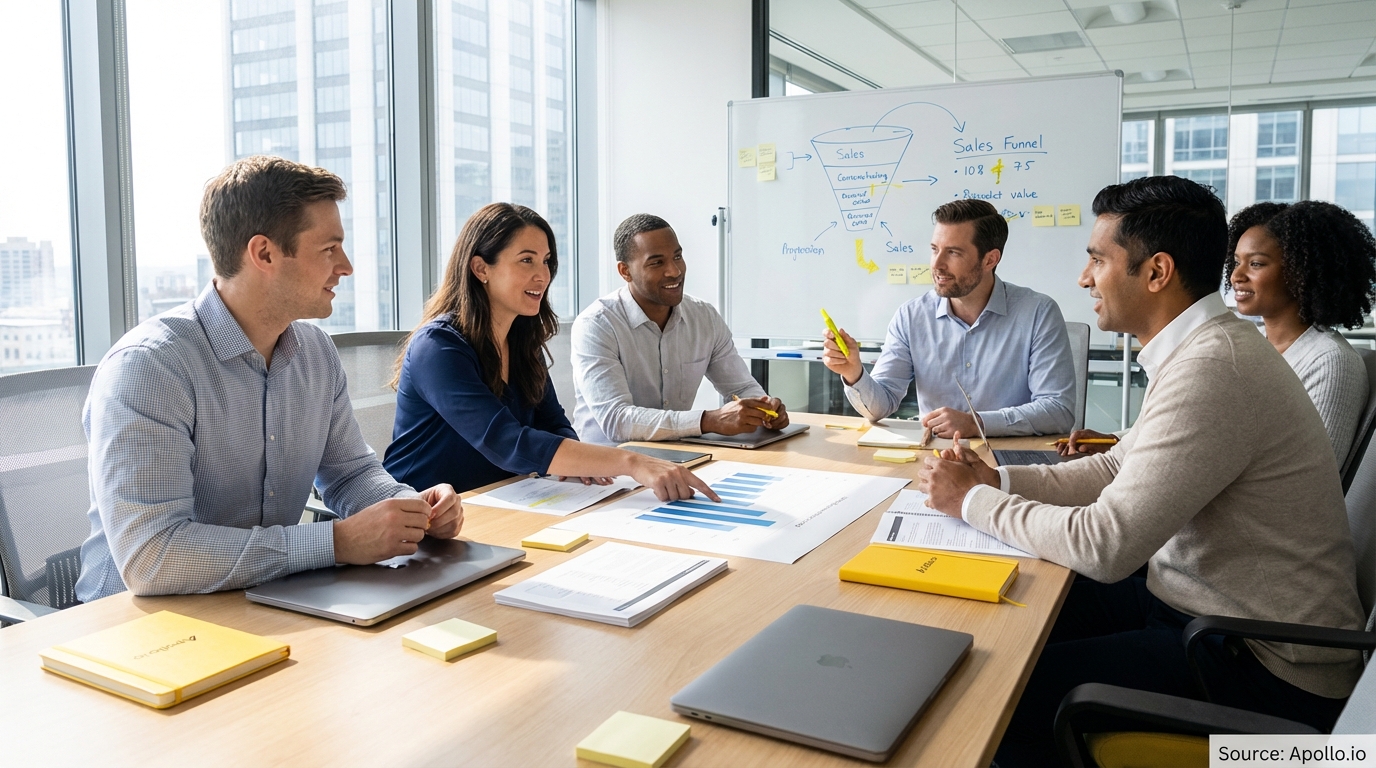 Sales professionals discussing strategy around a conference table in a sales team meeting