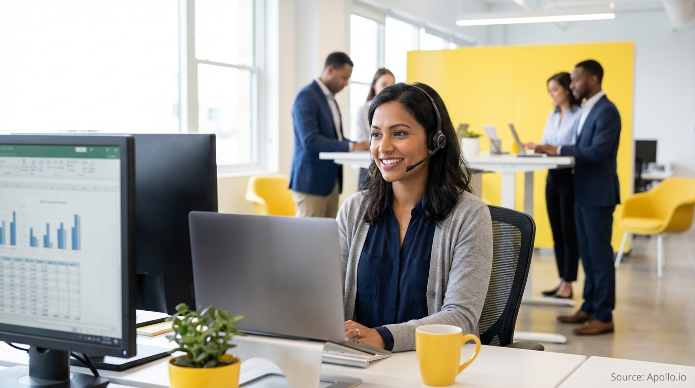 Sales development rep on a call wearing a professional headset reviewing lead generation strategies