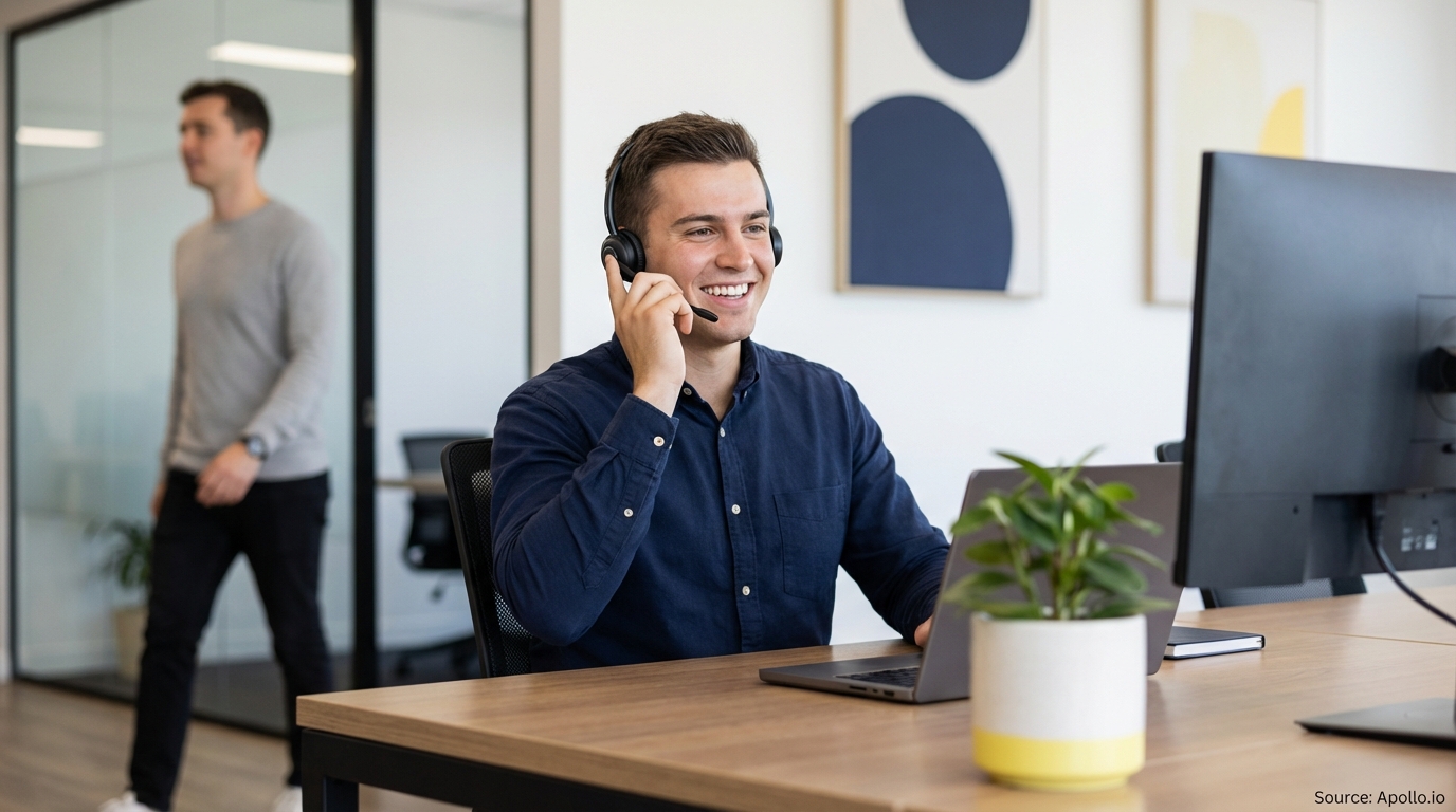 Man on a headset smiles at his laptop in a modern office, another man walks in the background.