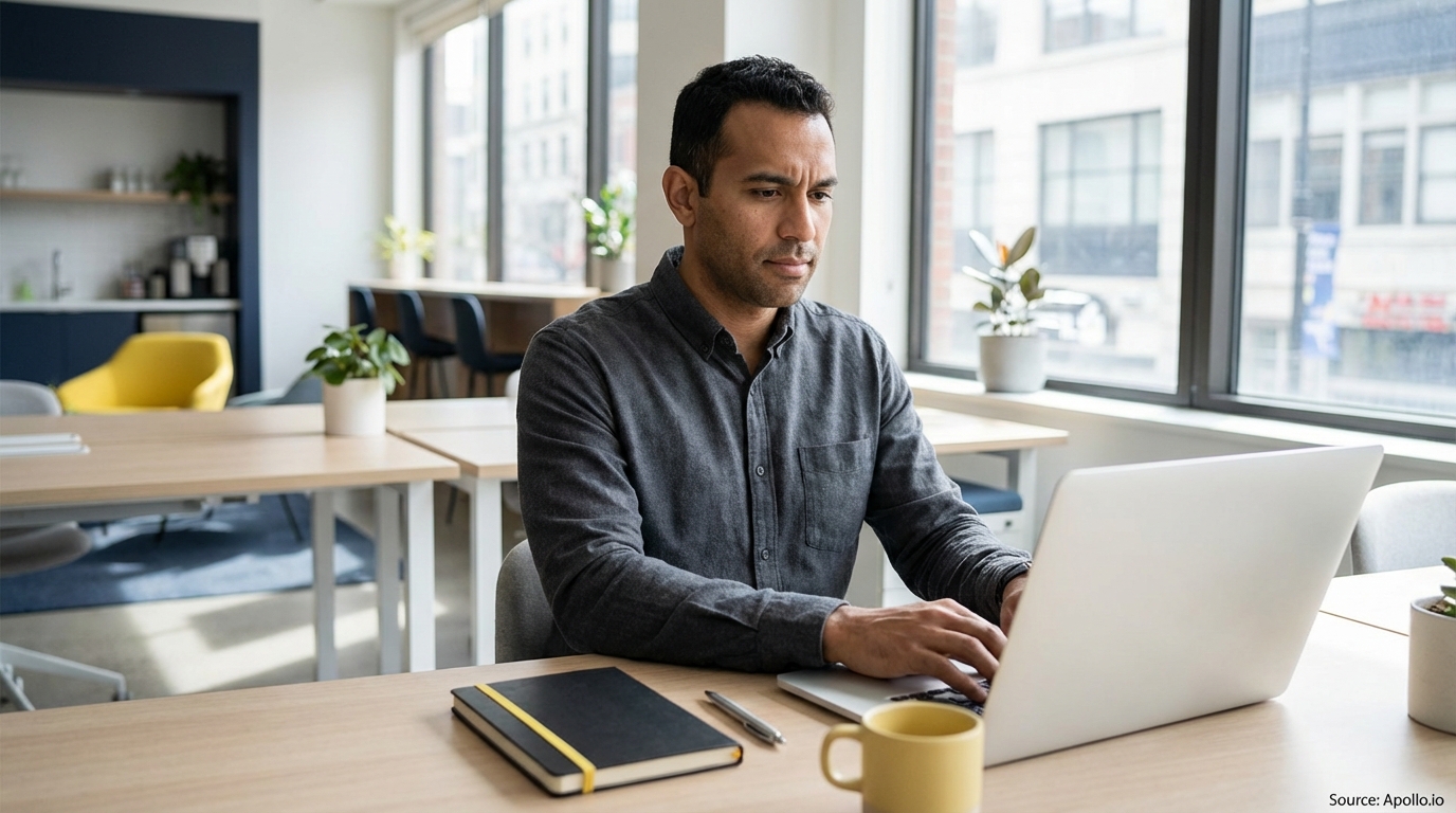 A focused man types on a laptop at a light-filled office desk.