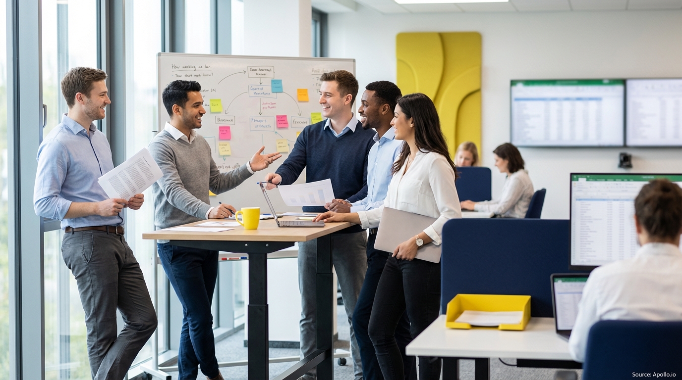 Sales team collaborating in a modern open-plan office optimizing CRM workflows